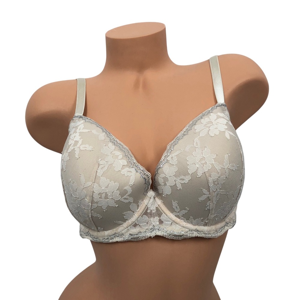 Victorias Secret Dream Angels Lined Demi Bra 34DDD Floral Lace Silver Trim Cream